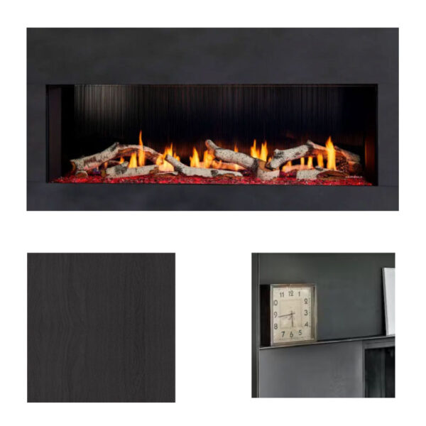 Living room linear gad fireplace and blackened oak and steel fireplace surround