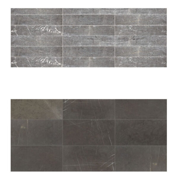 Powder room raked stone tile wall and stone tile floor