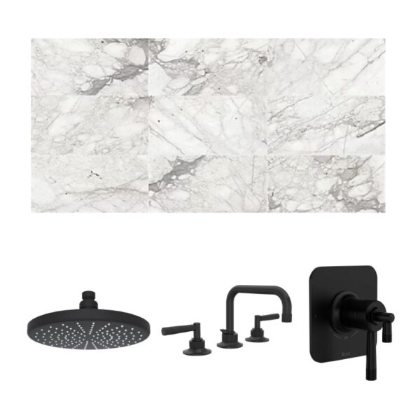 Secondary bath Calcutta marble tile and Rohl faucets & fixtures